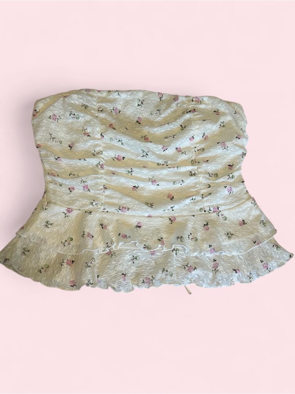 Strapless Floral Ruffle Crop Top - Cream Pink